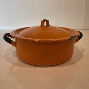 Huta Silesia Mid Century Enamelware Orange Pot Lid Poland 20 Farmhouse Vintage